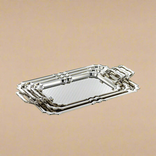 HT2411008 Serving Tray 3-Piece Set – Elegant Silver-Plated Design with Geometric Pattern for Luxurious Serving