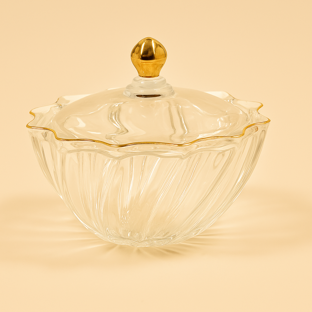 Glass Bowl with Lid and Gold Trim – 19 cm Diameter – DM601