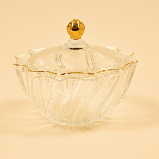 Glass Bowl with Lid and Gold Trim – 19 cm Diameter – DM601