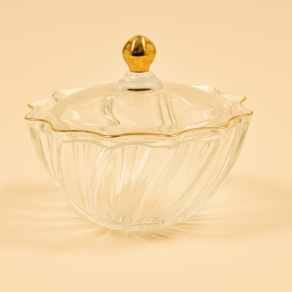 Glass Bowl with Lid and Gold Trim – 19 cm Diameter – DM601
