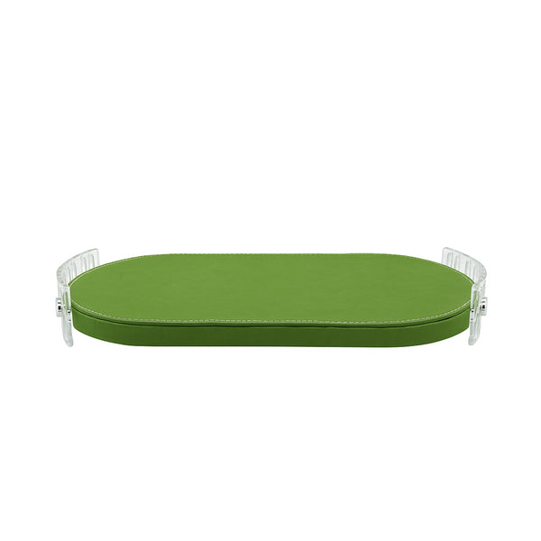TR0041 – Acrylic Oval Tray with Leather Base – 40×20cm – Green
