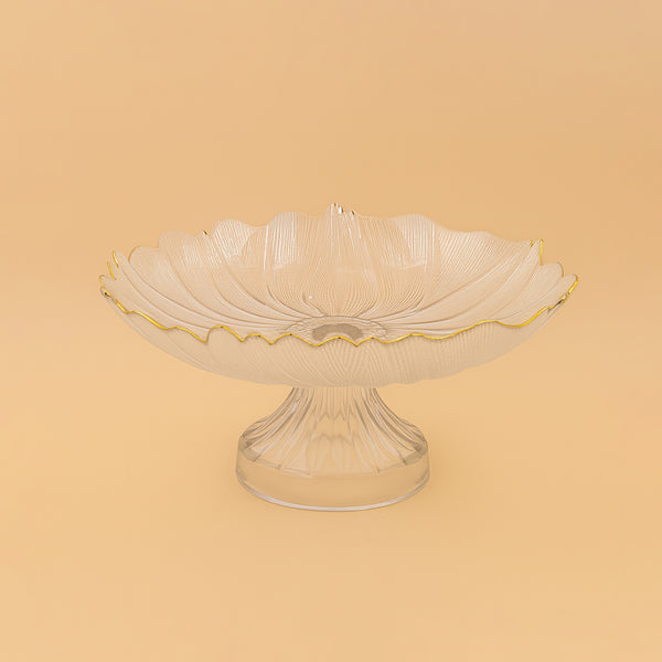 SJ624 – Glass Fruit Bowl with Gold Rim and Textured Floral Design – 33cm (D