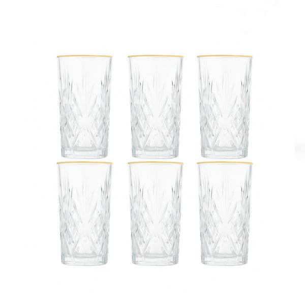 DSKB103-3AR Glass Tumbler Set – 6 Pieces – 280ml Premium Crystal-Cut Drinking Glasses with Gold Rim