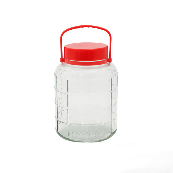 HMS20022 Glass Storage Jar 8L – Clear with Red Screw Lid & Carry Handle