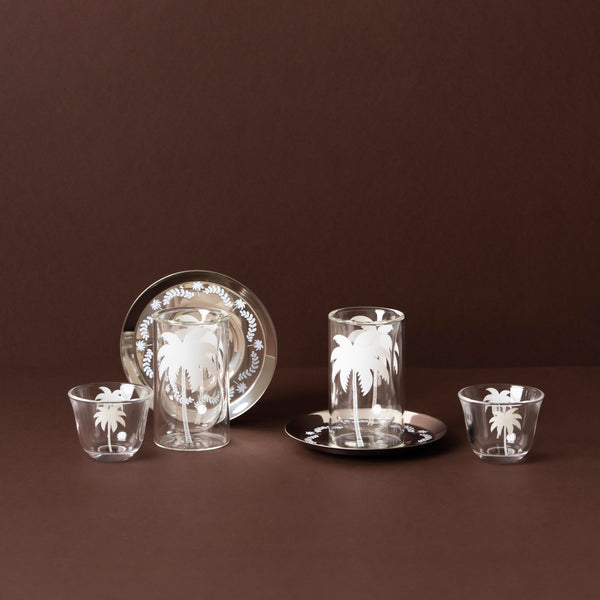 GT1125 Tea & Cawa Cup Set – 18-Piece – Elegant Clear Glass Design with White Palm Motif for Arabic Serving