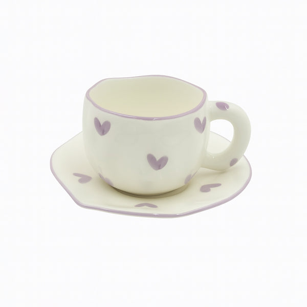 1511-11 Ceramic Mug & Saucer – 300ml – White with Purple Heart Design
