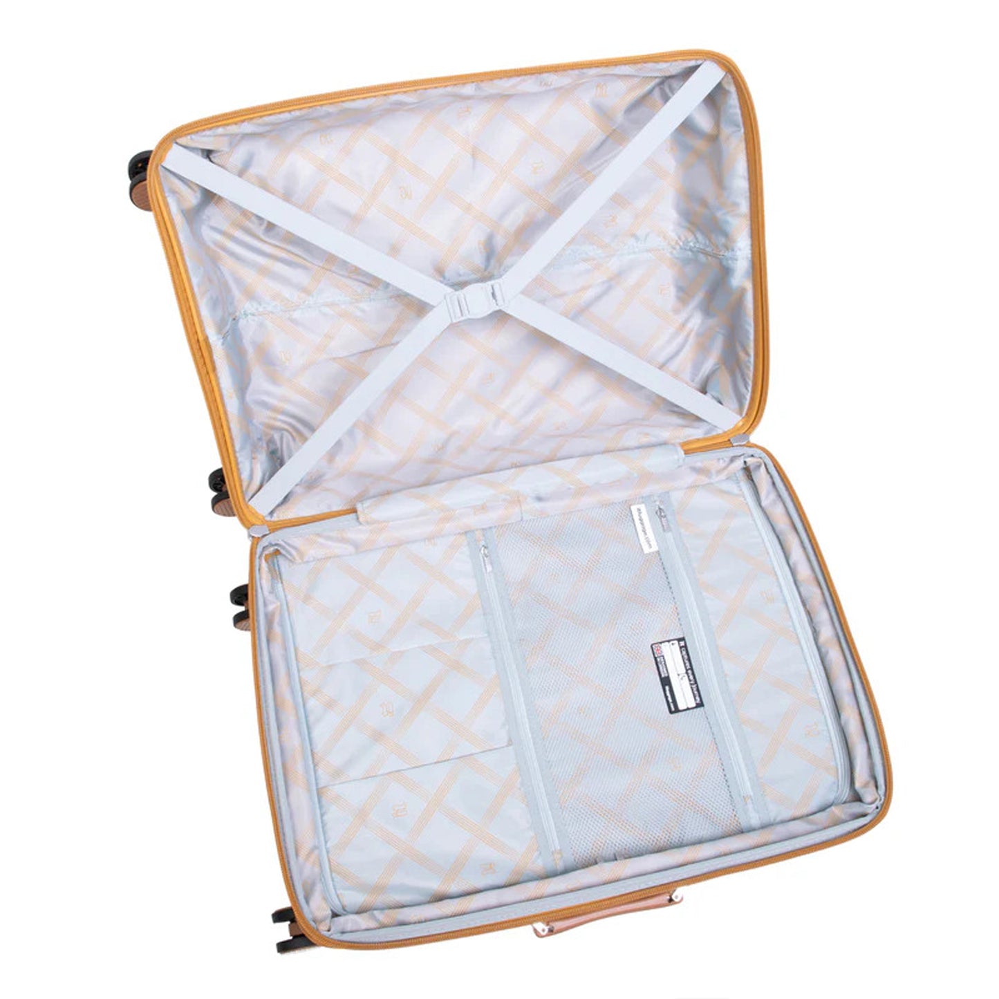 it luggage 25" Medium Trolley Bag – Expandable PP Hard Shell Spinner with TSA Lock, Secure-it Zippers & Green/Red Webbing, SKU 15-3108-08 – Yellow Brown with Almond Trim