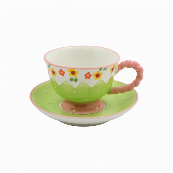 1518-13 Ceramic Mug & Saucer  – Floral Design with Twisted Pink Handle