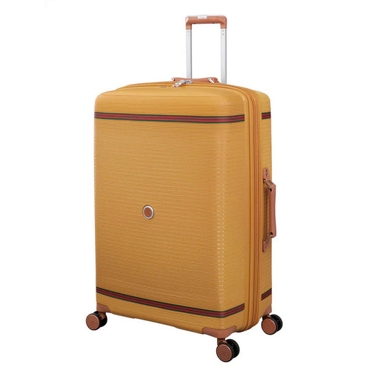 IT Luggage 29" Large Trolley Bag – Expandable PP Hard Shell Spinner with TSA Lock, Secure-it Zippers & Green/Red Webbing, SKU 15-3108-08 – Yellow Brown with Almond Trim