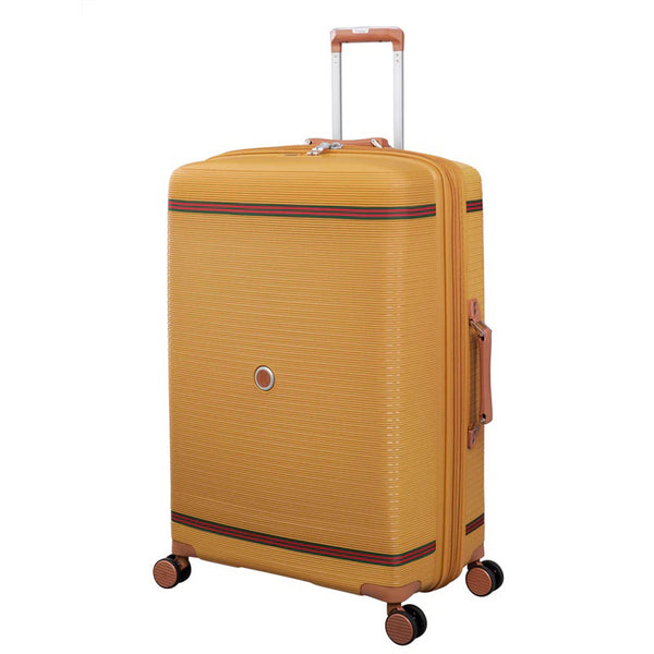 IT Luggage 29" Large Trolley Bag – Expandable PP Hard Shell Spinner with TSA Lock, Secure-it Zippers & Green/Red Webbing, SKU 15-3108-08 – Yellow Brown with Almond Trim