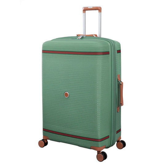 IT Luggage 29" Large Trolley Bag – Expandable PP Hard Shell Spinner with TSA Lock, Secure-it Zippers & Green/Red Webbing, SKU 15-3108-08 – Green with Almond Trim