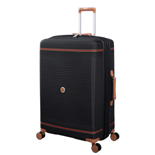 IT Luggage 29" Large Trolley Bag – Expandable PP Hard Shell Spinner with TSA Lock, Secure-it Zippers & Green/Red Webbing, SKU 15-3108-08 – Black with Almond Trim