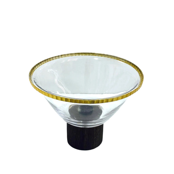 VG205 Glass Bowl with Wooden Stand and Gold Rim - 21.5cm x 16cm