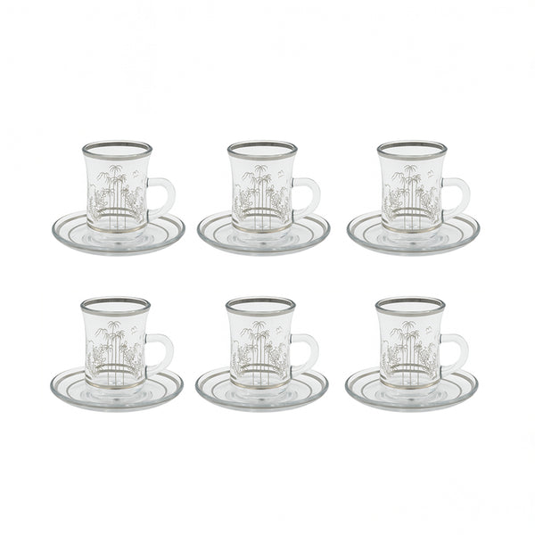 1577S Glass Istekana Set – 12 Pieces – Elegant Tea Glasses with Silver Rim & Palm Design