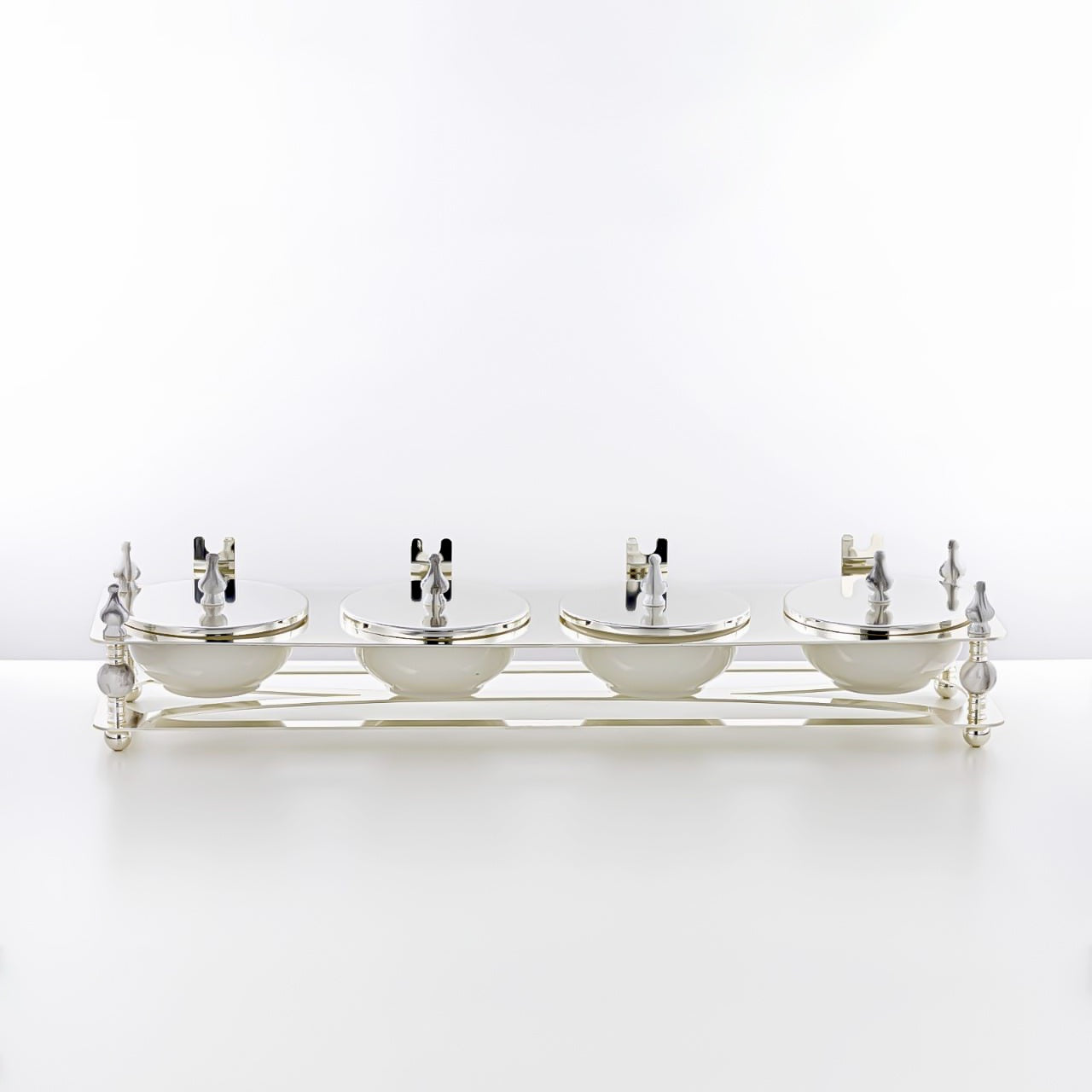 HM4106-S Candy Box 4 Section – Elegant Silver Finish with Lidded Bowls and Decorative Stand