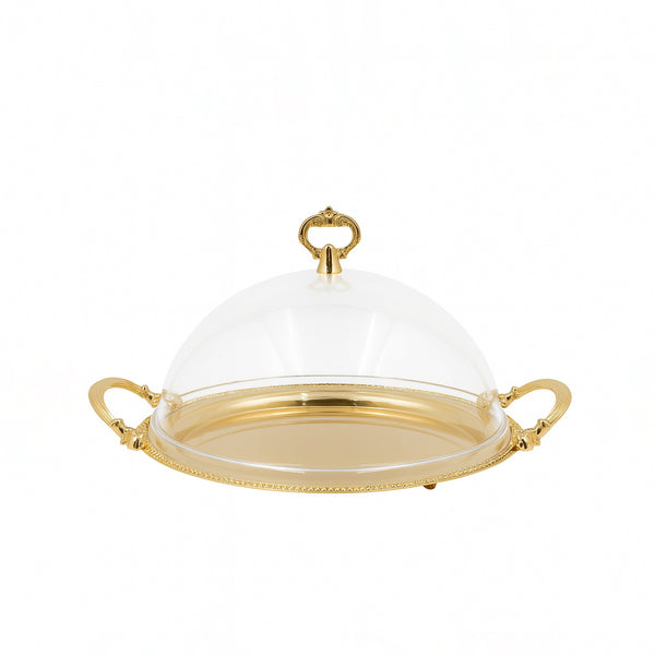 CD-6934 – Round Serving Plate with Acrylic Lid and Ornate Gold Handles – 33cm (D)