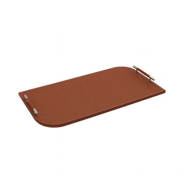 23R0010017 Oval Rectangular Leather Tray with Handle – 30 x 60 cm – Brown