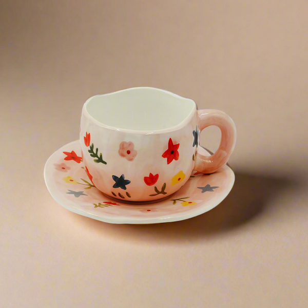 Ceramic Cup & Saucer with Colorful Floral Pattern – Glossy Pink Finish – 99319-11