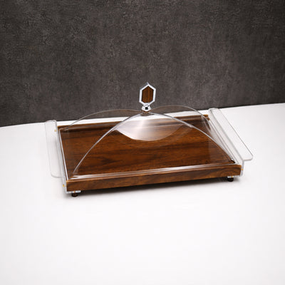 TR4185-001 Serving Tray – 42 cm (L) × 22 cm (W) – Wooden Tray with Acrylic Dome Cover & Silver Handle