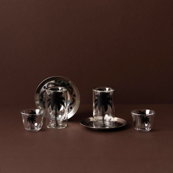 GT1124 Tea & Cawa Cup Set – 18-Piece – Elegant Clear Glass Design with Black Palm Motif for Arabic Serving