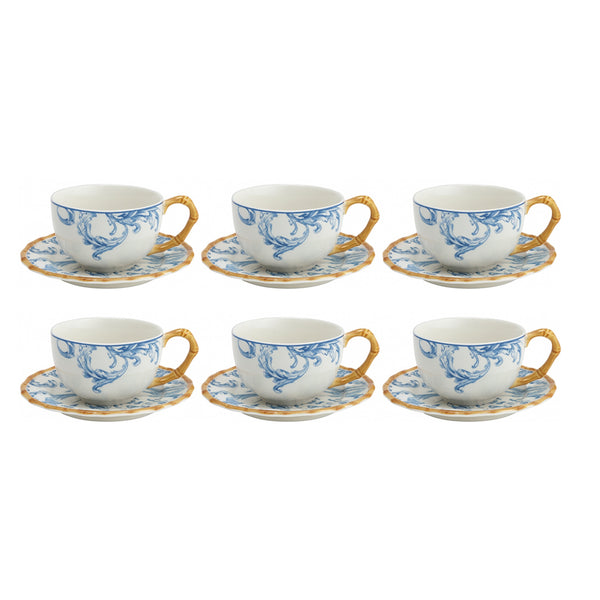 RM-434 Milk Cup & Saucer Set – 12-Piece – Blue Floral Design with Bamboo-Style Handles