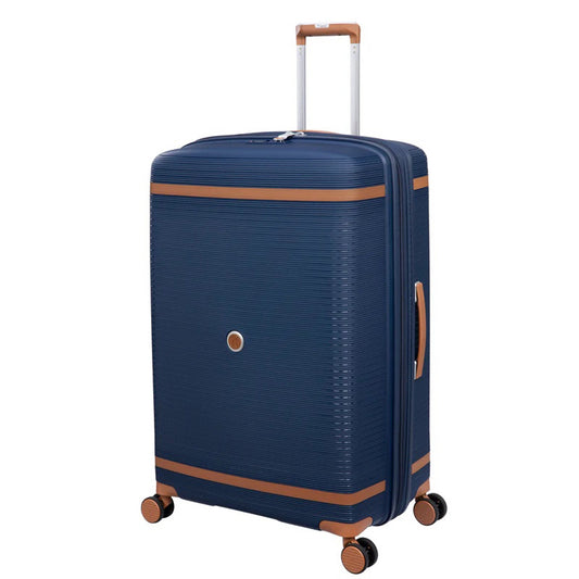 IT Luggage 29" Large Trolley Bag – Expandable PP Hard Shell Spinner with TSA Lock, Secure-it Zippers & Decorative Leather Strap, SKU 15-3108-08 – Blue with Almond Trim