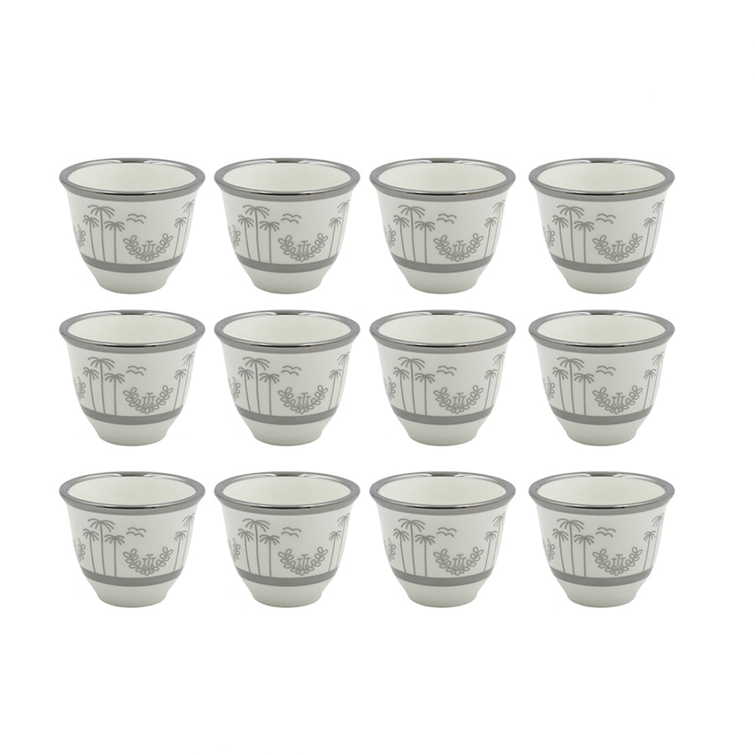 1577S-80CC Cawa Cup Set – 12 Pieces – 80ml White Porcelain with Silver Rim & Palm Design