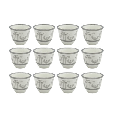 1577S-80CC Cawa Cup Set – 12 Pieces – 80ml White Porcelain with Silver Rim & Palm Design