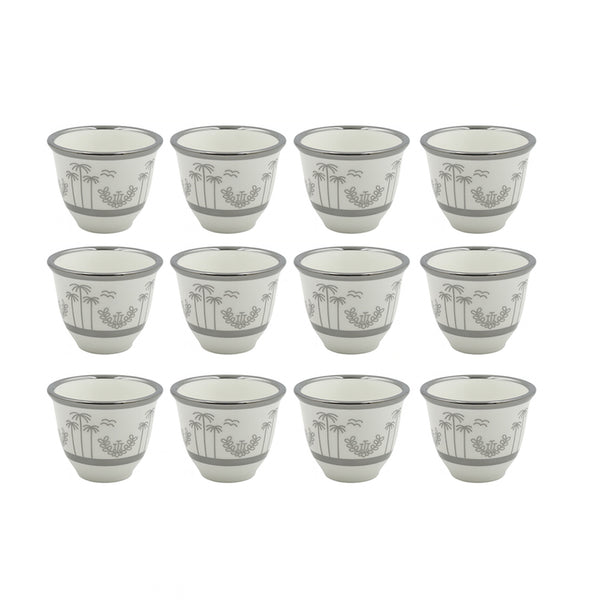 1577S-80CC Cawa Cup Set – 12 Pieces – 80ml White Porcelain with Silver Rim & Palm Design