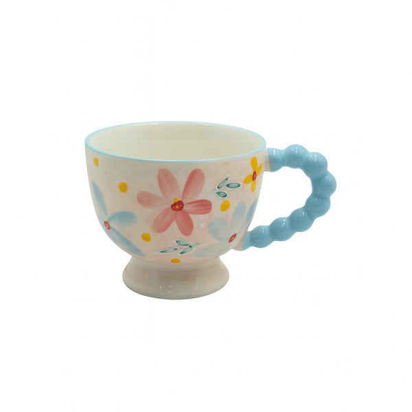 1517-02 Ceramic Mug – Floral Design with Blue Bubble Handle