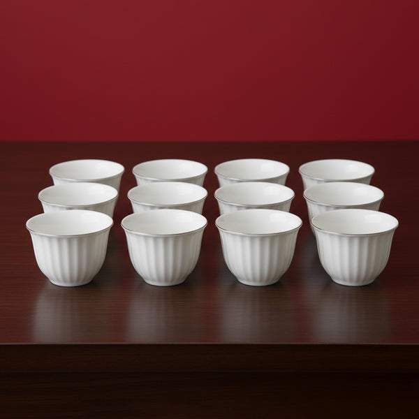 GER4410 Ceramic Cawa Cup 12-Piece Set – Elegant White Design with Subtle Ribbed Texture