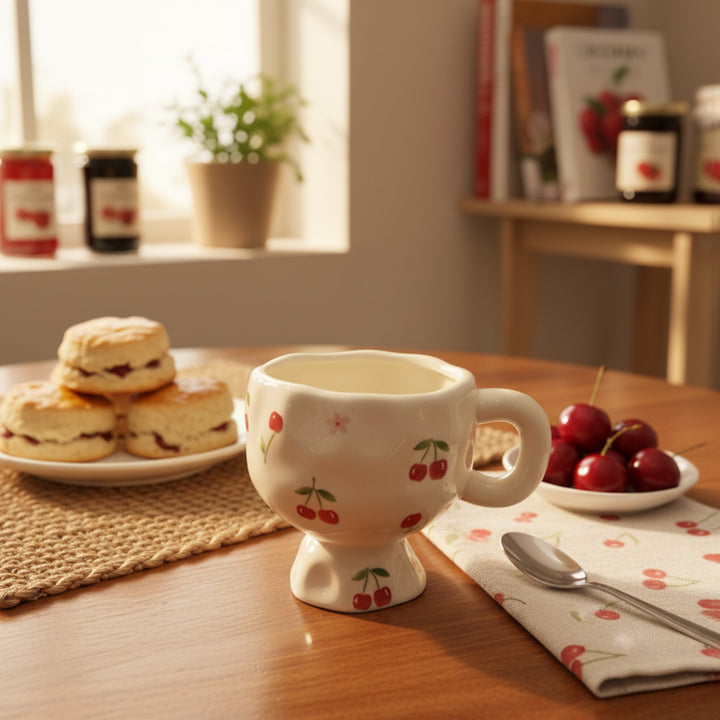 Decorative mug with cherry design on a table with biscuits and cherries.