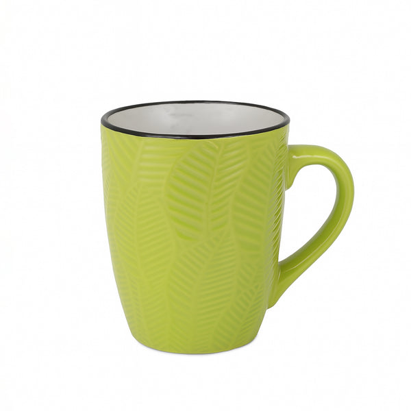 HS62528 – Ceramic Mug – Embossed Leaf Pattern in Glossy Lime Green with Black Rim