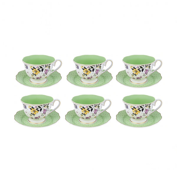 MA-22 Milk Cup & Saucer Set – 12-Piece – Green Interior with Floral Design