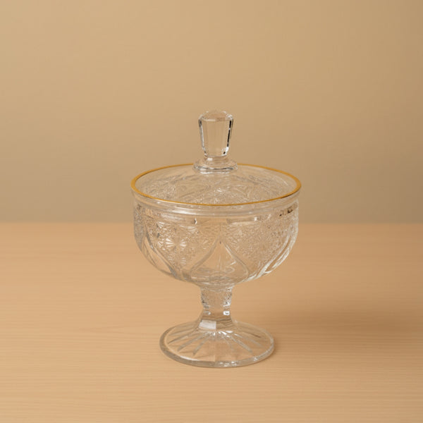 JM2415 Glass Candy Pot – Elegant Clear Pedestal Design with Gold Rim and Lid
