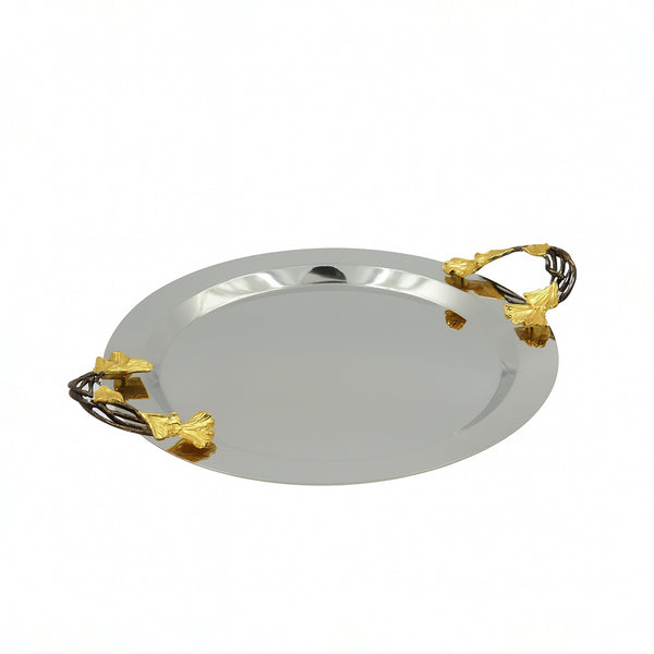 WB-1493 – Round Serving Tray – 40cm (D) – Silver with Gold Leaf Handles
