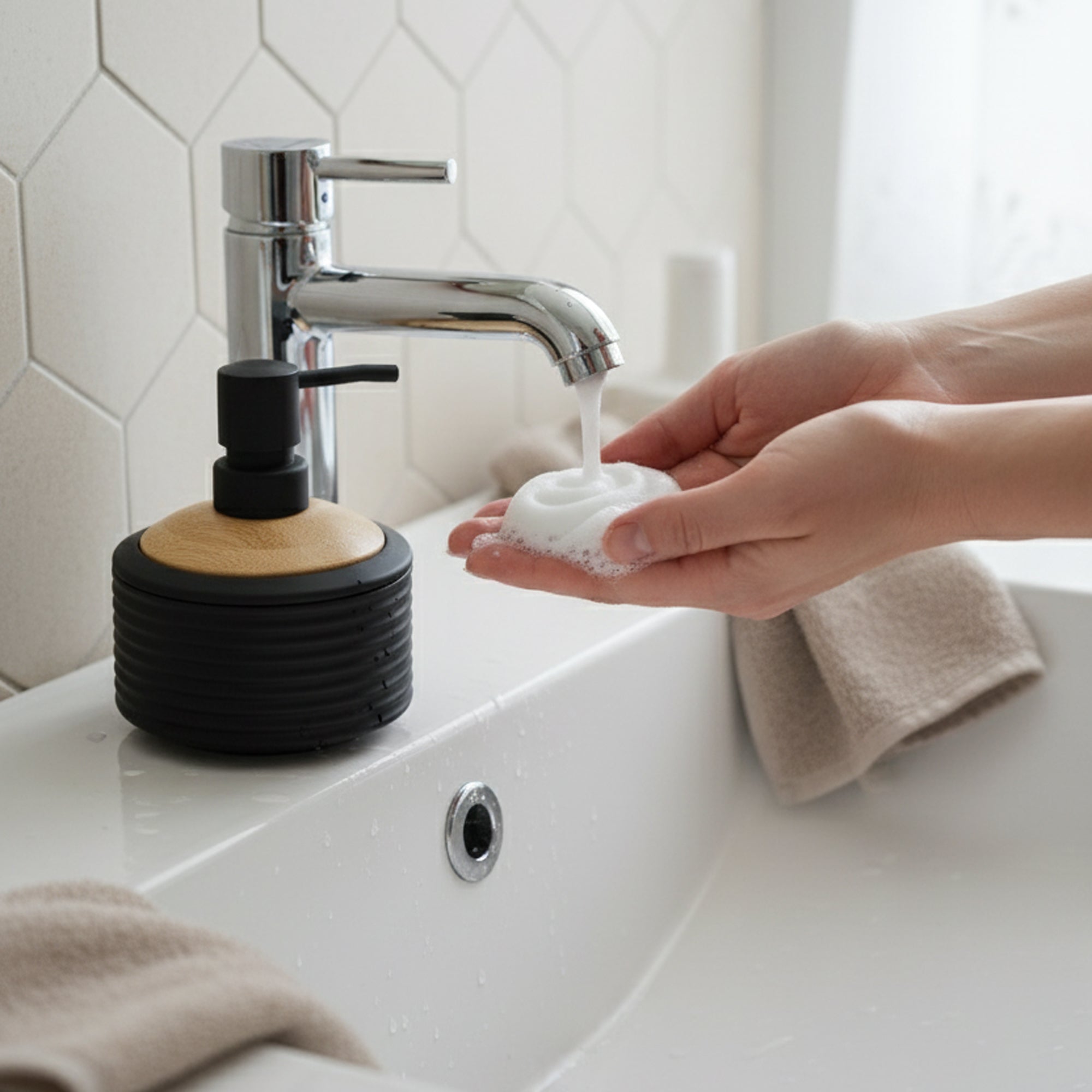548-1 Soap Liquid Dispenser – Matte Black with Wooden Top