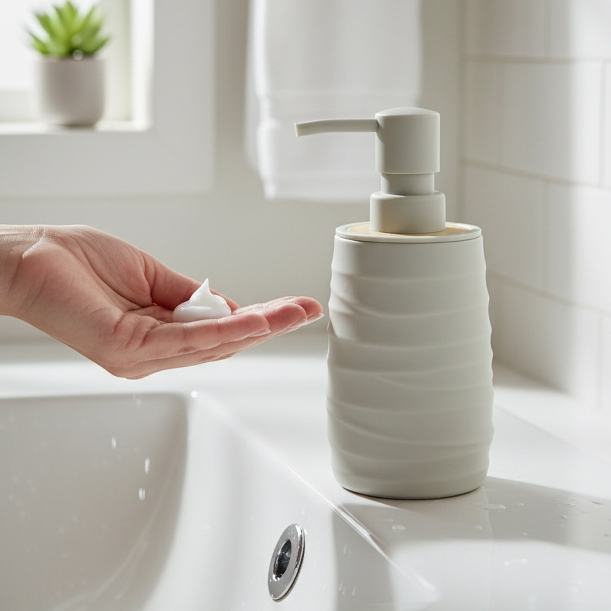 548-10 Soap Liquid Dispenser – Beige with Wooden Accent – Textured Wave Design