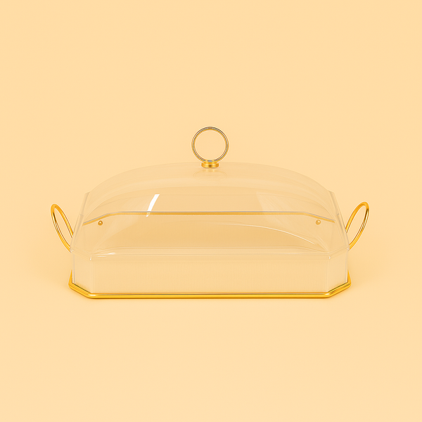 Acrylic Serving Tray with Lid and Handle – 46 cm (W) x 28 cm (L) – Gold Finish – CD-7508