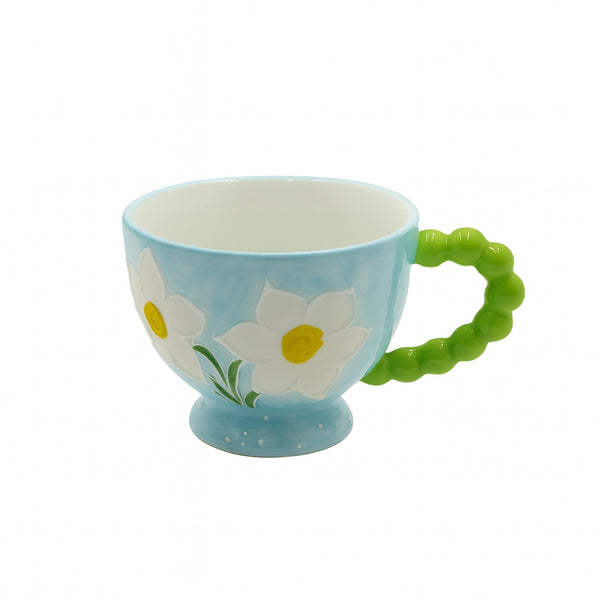 1516-16 Ceramic Mug  – Light Blue Floral Design with Green Bubble Handle