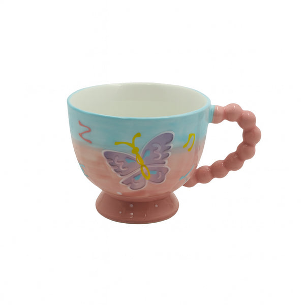 1516-15 Ceramic Mug – 450ml – Pastel Butterfly Design with Pink Bubble Handle