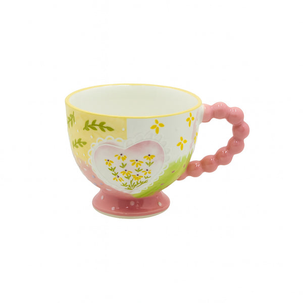 1516-09 Ceramic Mug – 450ml – Multicolor Heart & Floral Design with Pink Bubble Handle