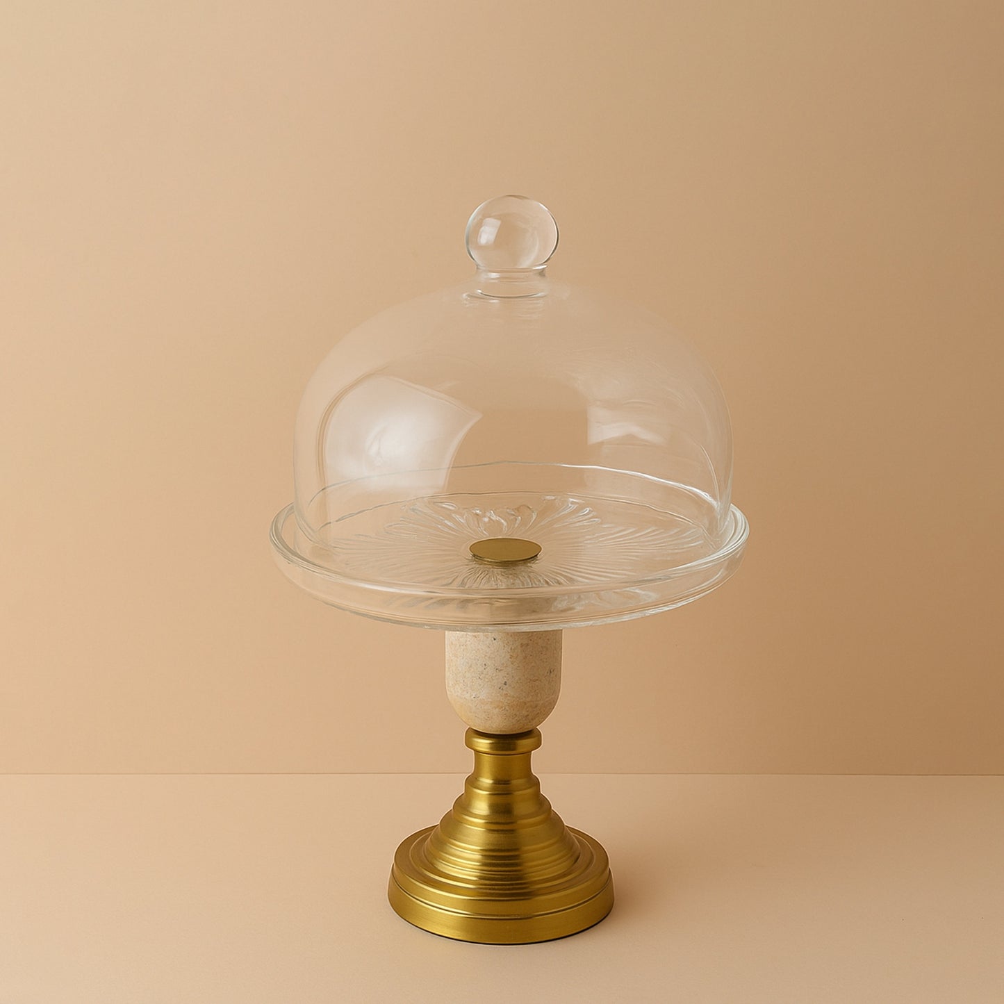 Glass Cake Stand with Marble & Brass Base – 250 mm x 250 mm x 100 mm – HMK-20141
