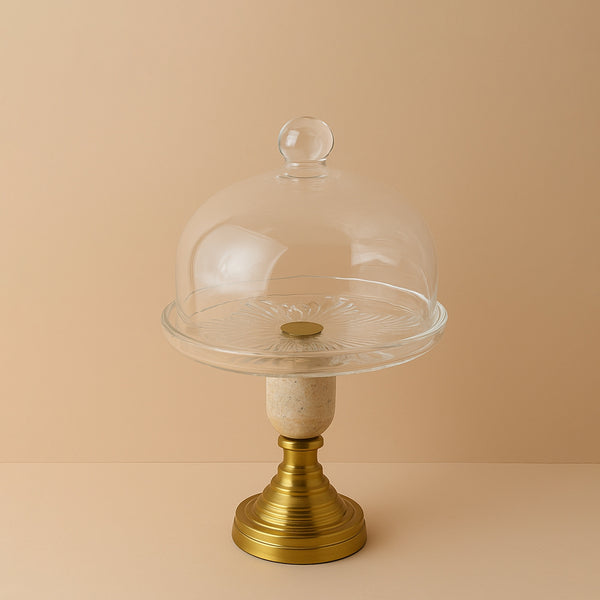 Glass Cake Stand with Marble & Brass Base – 250 mm x 250 mm x 100 mm – HMK-20141