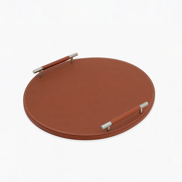 23R0010011 Round Leather Tray with Handles – 40 cm – Brown