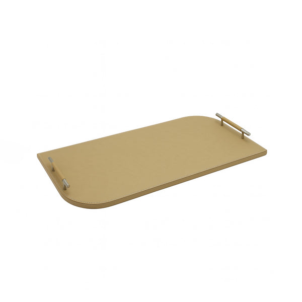 23R0010017 Oval Rectangular Leather Tray with Handle – 30 x 60 cm – Beige