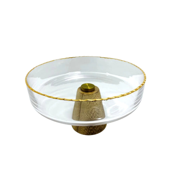 VG203 Glass Bowl with Wooden Stand and Gold Rim – 19cm x 19cm x 11.5cm