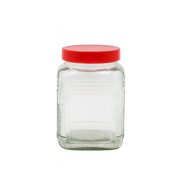 HMK20222 Glass Storage Jar 1450ML – Clear Square Body with Red Screw Lid
