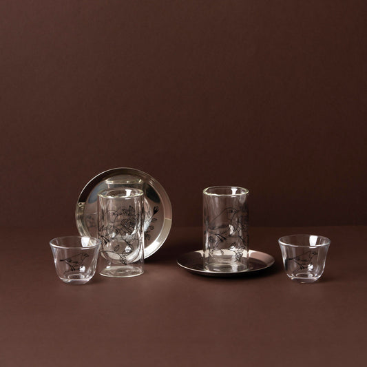 GT1115 Tea & Cawa Cup Set – 18-Piece – Elegant Clear Glass Design with Black Bird & Floral Motif for Arabic Serving