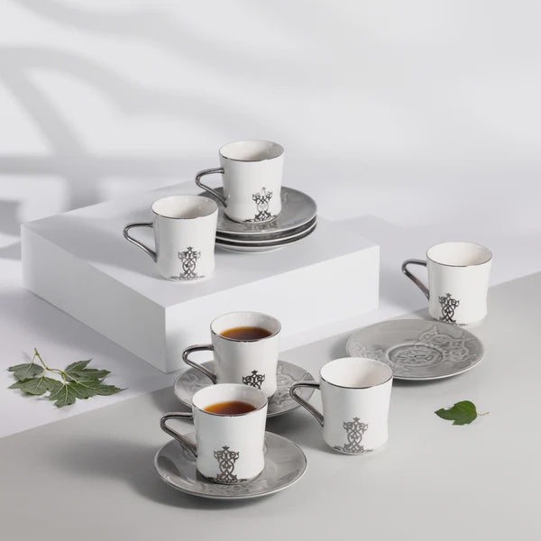 ET2953 Naqsh Tea Cup & Saucer 12-Piece Set – Grey & Silver